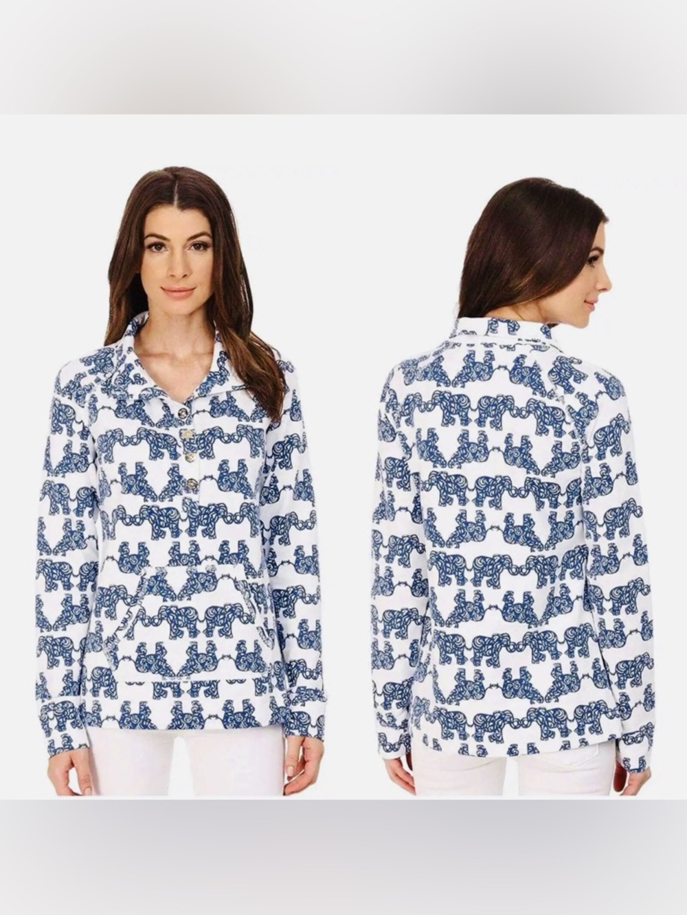 LILLY PULITZER CAPTAIN POPOVER PACK YOUR TRUNK ELEPHANT SWEATER WOMENS LARGE